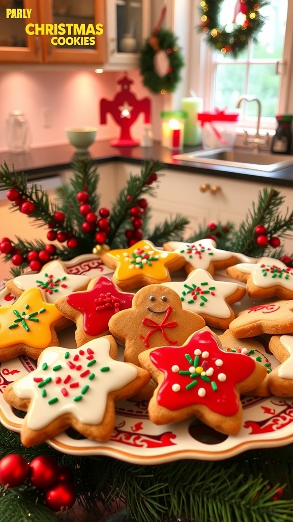 Easy Christmas Baking Ideas A platter of decorated Christmas cookies with icing and sprinkles, set in a festive kitchen.